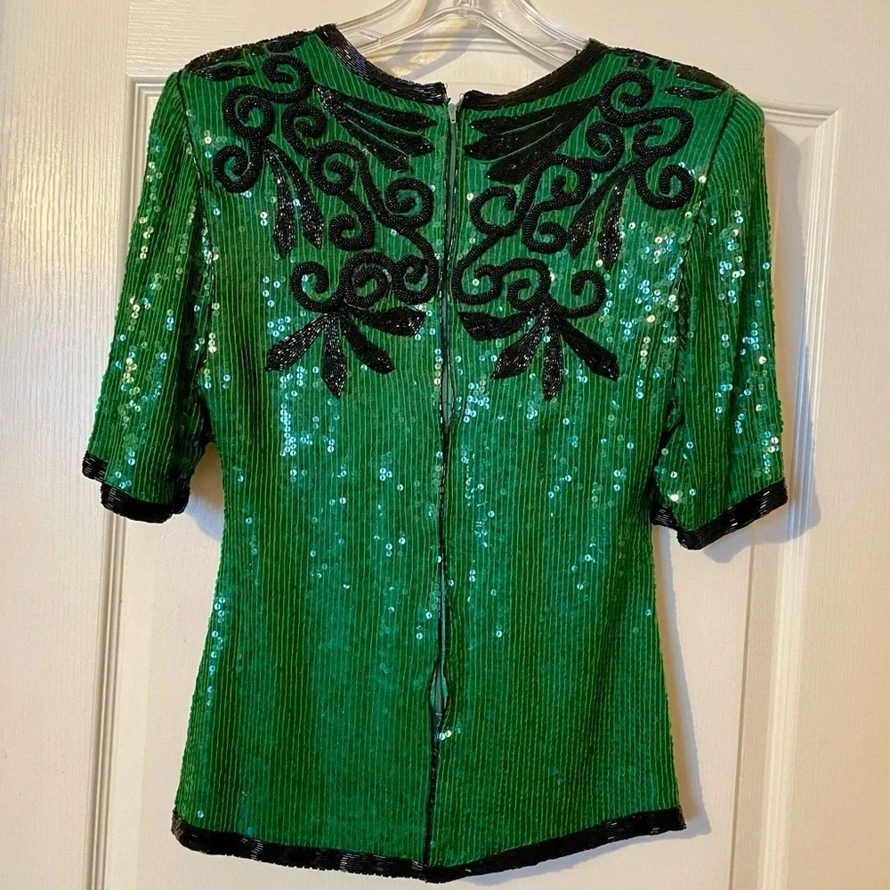 Vintage Justine Todd 100% Silk Green Beaded Sequin Top Size XS Petite Party Fest
